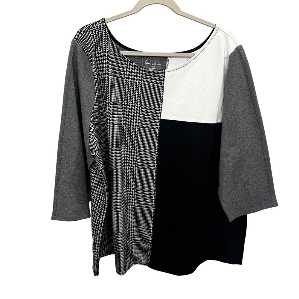 Lane Bryant Plus Size 26/28 4X Black White Gray Plaid Colorblock 3/4 Sleeve Top